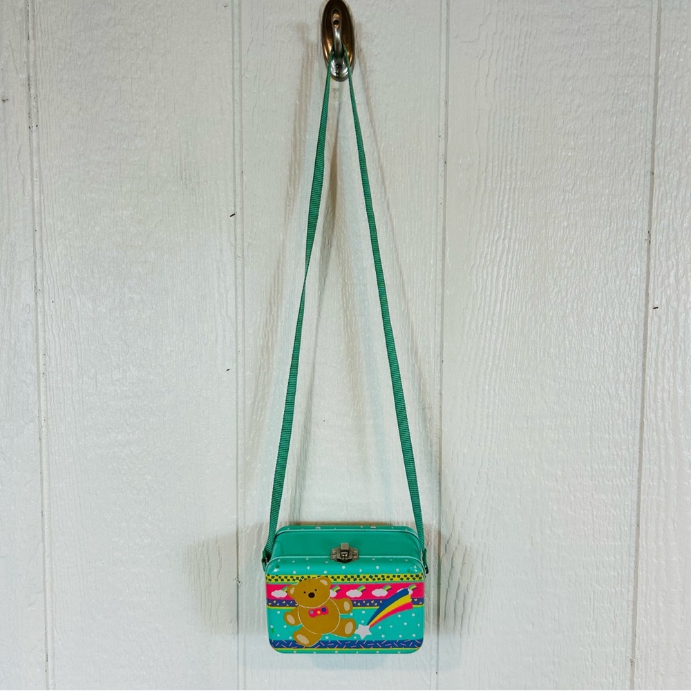 Vintage 80s Sanyo Green Teddy Bear Crossbody Tin Bag